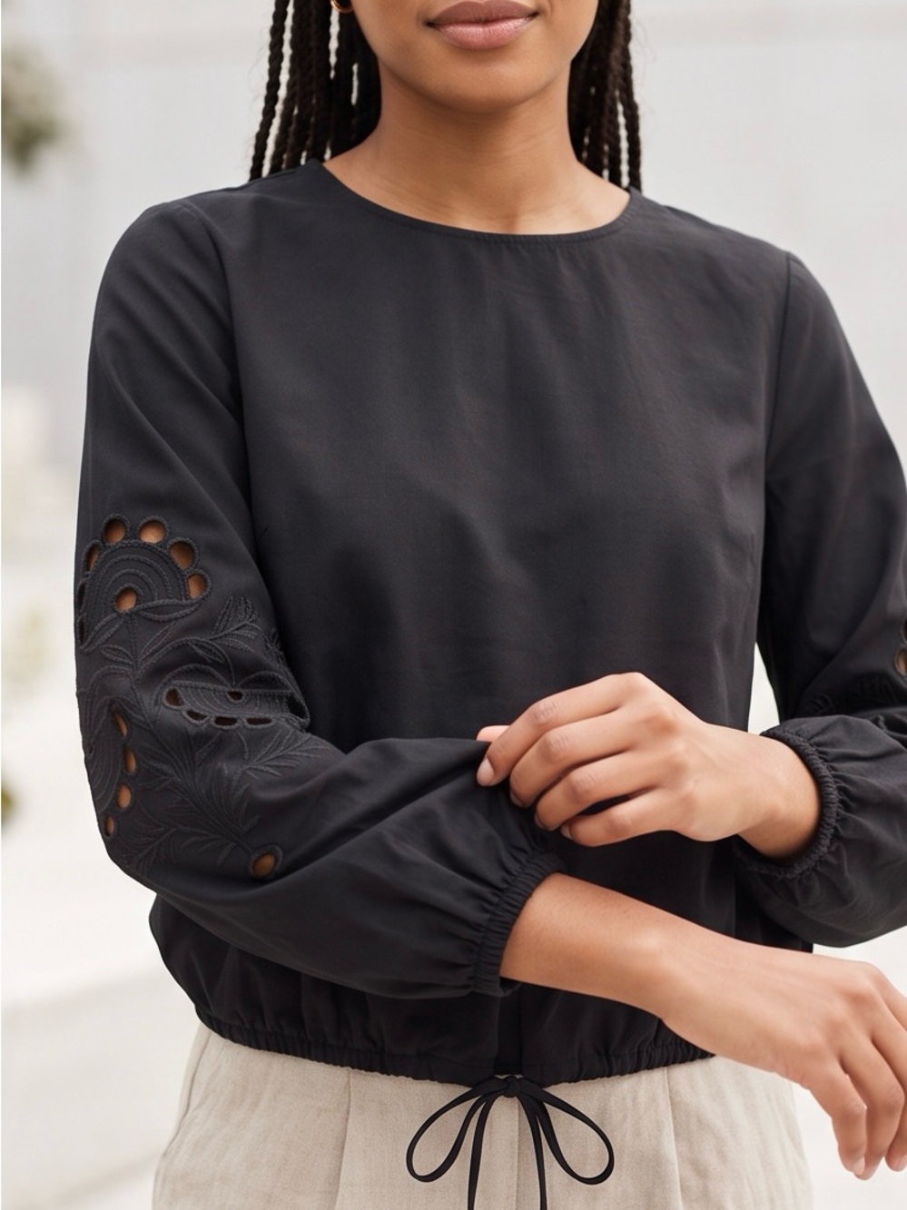 PIECES Black Embroidered Eyelet Balloon Sleeve Drawstring Blouse Size S
